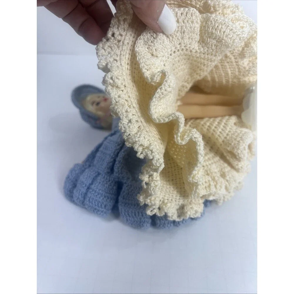 Vintage Plastic Doll Handmade Crocheted Blue DressBlonde Hair Blue Blinking Eyes